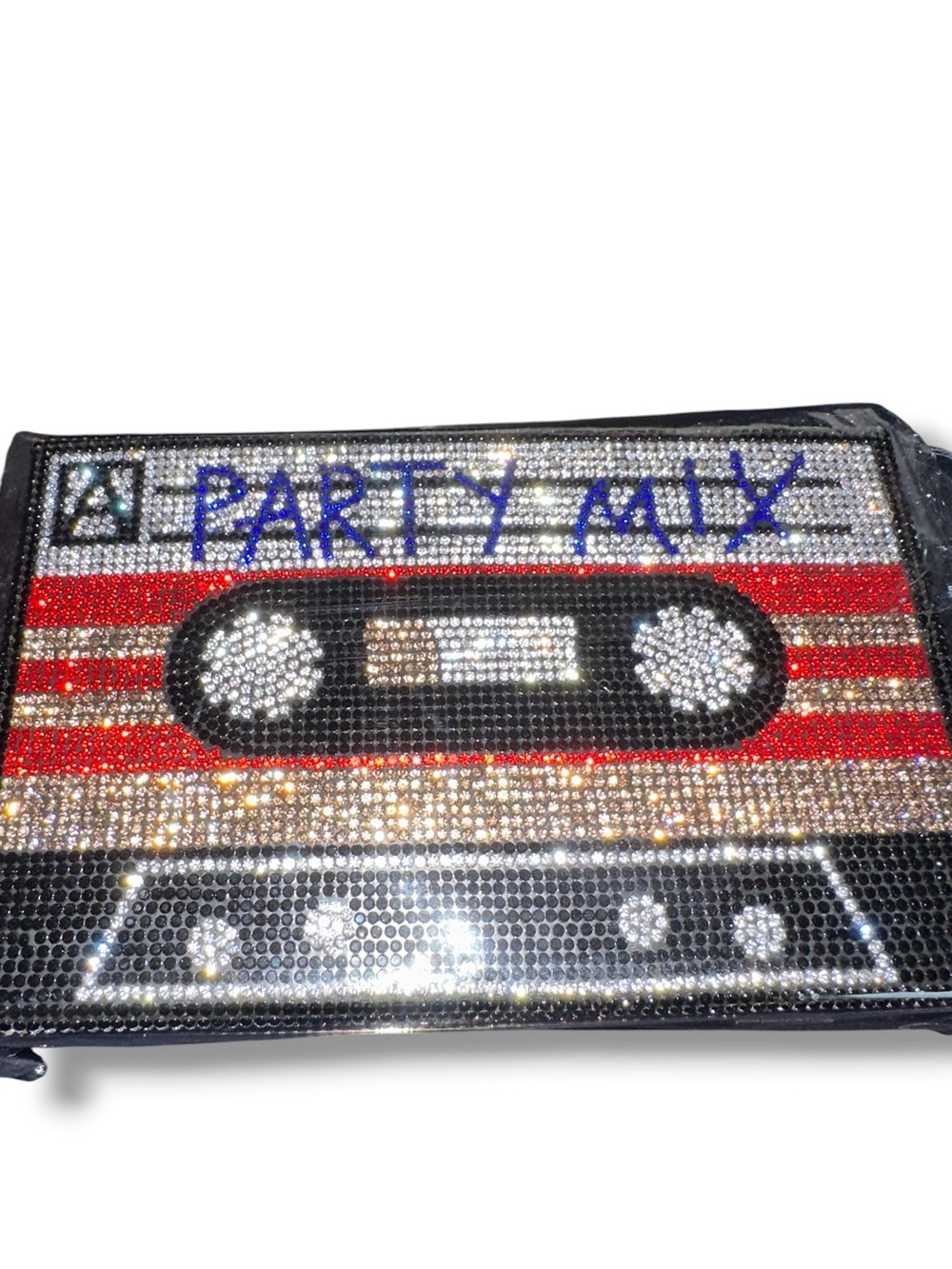 Party Mix Rhinestone Cassette Clutch Wallet - Silver, Red, Black Goldtone Chain